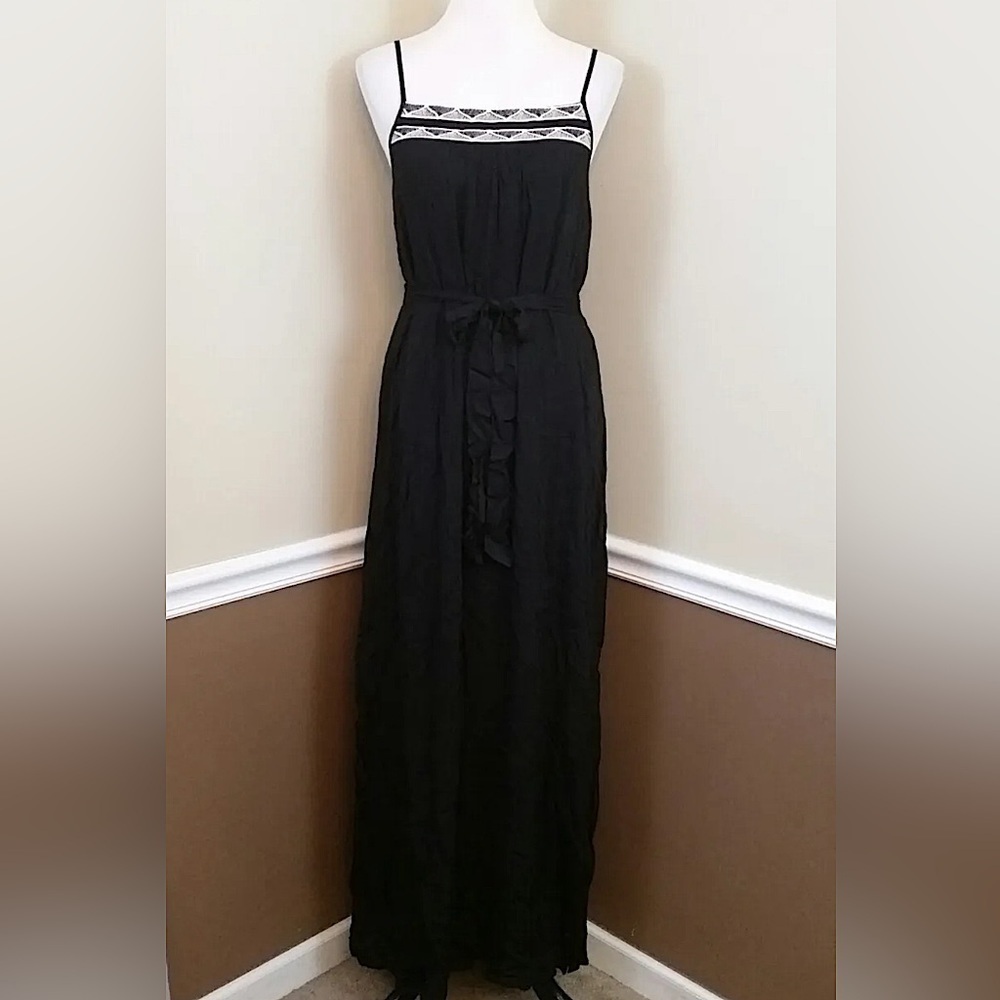 Black Maxi Dress Crinkled Gauzy Embroidered Belted Boho Modcloth by Doe & Rae